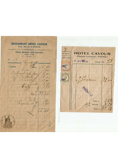 2 RICEVUTE del 1921 HOTEL CAVOUR  Napoli Piazza Garibaldi alla ferrovia