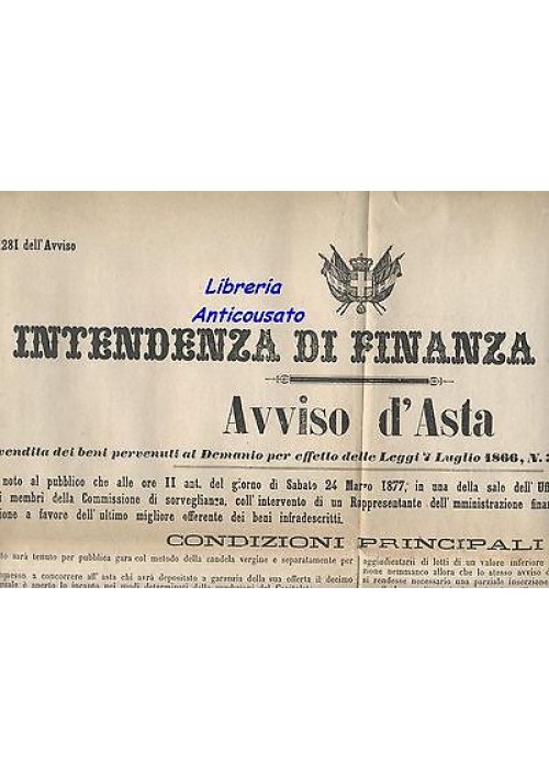 ACQUAVIVA DELLE FONTI MANIFESTO ORIGINALE 1877 AVVISO D'ASTA masseria Sant'Elia