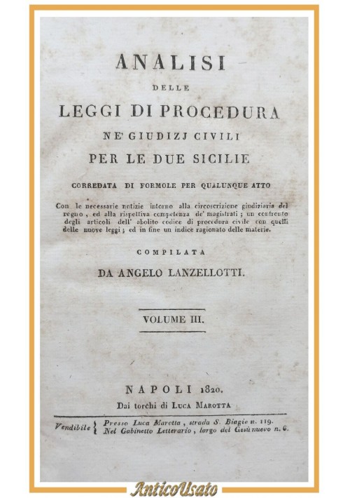 ANALISI DELLE LEGGI DI PROCEDURA CIVILI PER LE DUE SICILIE Libro 3 e 4 - 1820