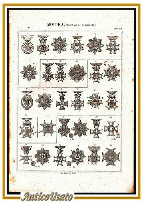 ARALDICA MEDAGLIE ORDINI CIVILI E MILITARI 1866 Tavola XVII Antica Incisione 