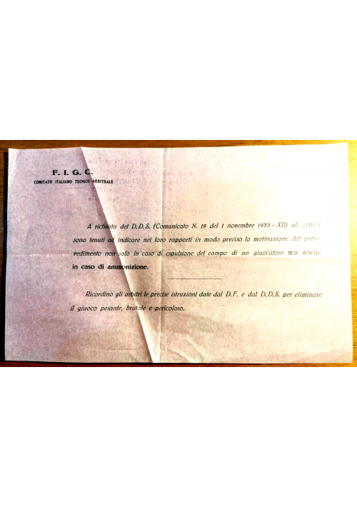 ARBITRI istruzioni 1933 fascismo FIGC ammonizione espulsione documento Calcio