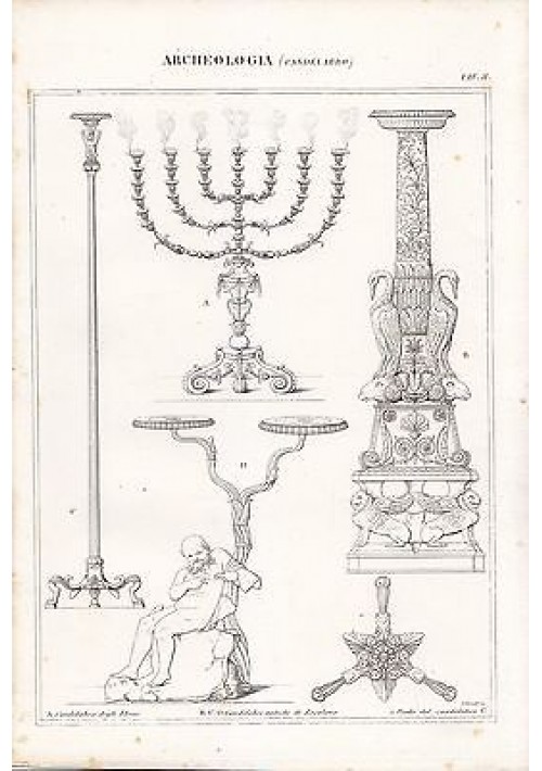 ARCHEOLOGIA CANDELABRO ERCOLANO EBREI INCISIONE STAMPA RAME 1866 ORIGINALE  