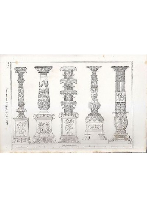 ARCHEOLOGIA CANDELABRO INCISIONE ANTICA STAMPA RAME 1866 ORIGINALE TAVOLA III 