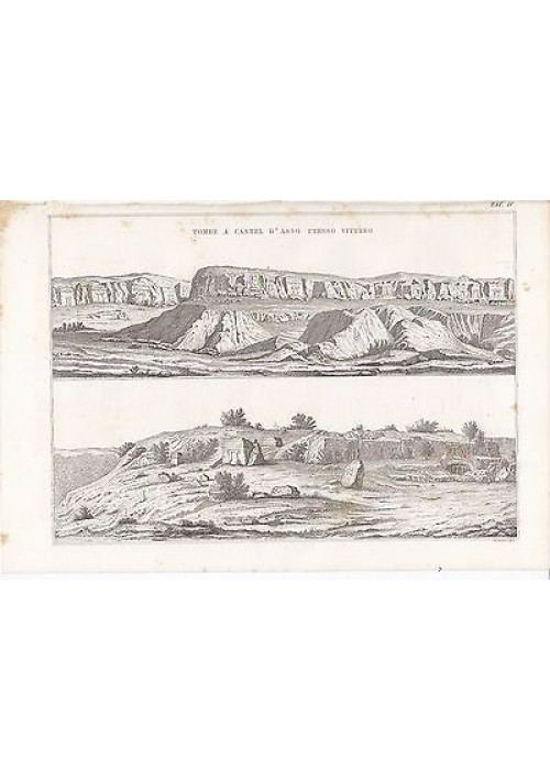 ARCHEOLOGIA TOMBE A CASTEL D ASSO VITERBO INCISIONE STAMPA RAME 1866 ORIGINALE