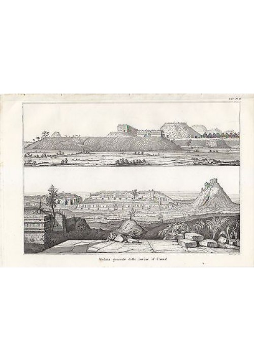 ARCHEOLOGIA VEDUTA GENERALE ROVINE DI UXMAL INCISIONE STAMPA RAME 1866 ORIGINALE