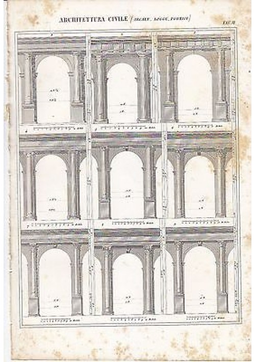 ARCHITETTURA CIVILE ARCATE LOGGE INCISIONE STAMPA IN RAME 1866 TAVOLA ORIGINALE 