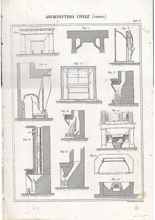 1866 Incisione Antica CAMINO stampa ARCHITETTURA CIVILE TAVOLA ORIGINALE 