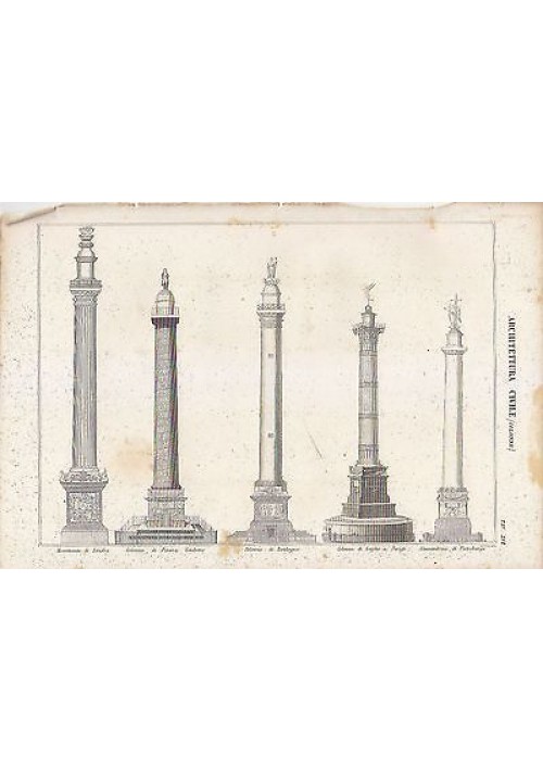 ARCHITETTURA CIVILE COLONNE LONDRA BOULOGNE INCISIONE STAMPA RAME 1866 ORIGINALE