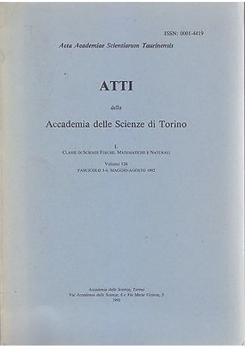 ATTI DELL'ACCADEMIA DELLE SCIENZE DI TORINO volume 126 fascicolo maggio 1992