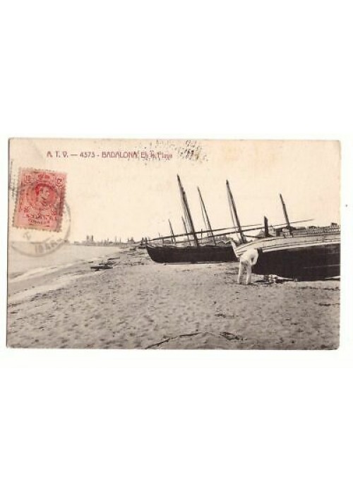 Badalona en la playa tarjeta postal cartolina viaggiata 1916 Vintage Postcard