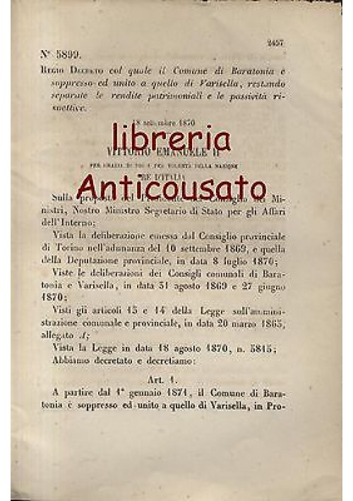 BARATONIA SOPPRESSO - REGIO DECRETO - 1870 - UNITO A VARISELLA - originale