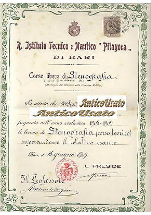 BARI ISTITUTO TECNICO NAUTICO PITAGORA 1909 ORIGINALE DIPLOMA STENOGRAFIA