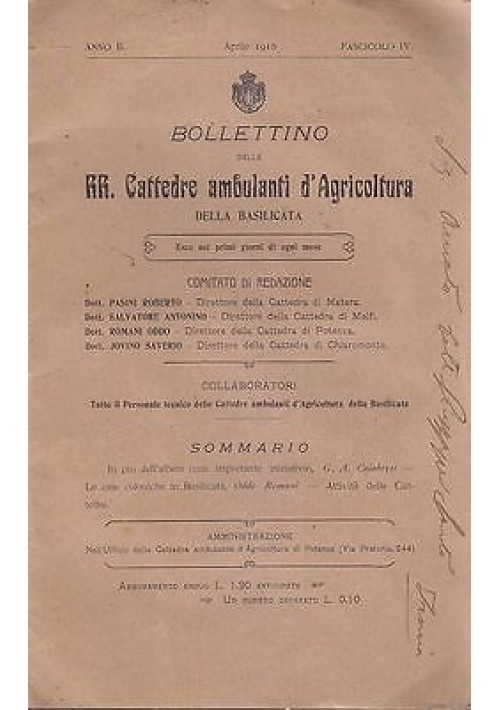 BOLLETTINO DELLE RR. CATTEDRE AMBULANTI DI AGRICOLTURA DELLA BASILICATA - 1910 