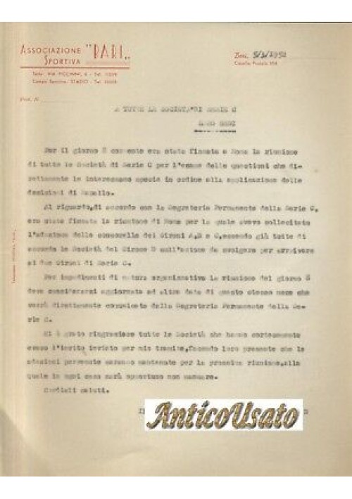Bari Calcio lettera intestata 1952 riunione squadre serie C associazione sportiv