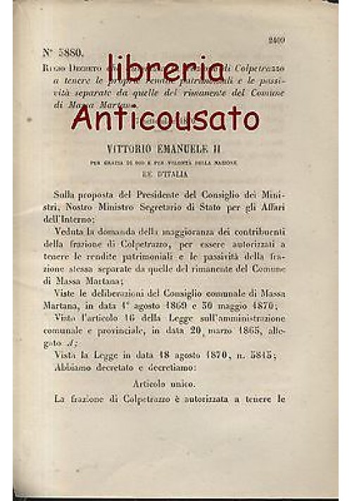 CALPETRAZZO - REGIO DECRETO 1870 - RENDITE PATRIMONIALI SEPARATE  MASSA MARTANO