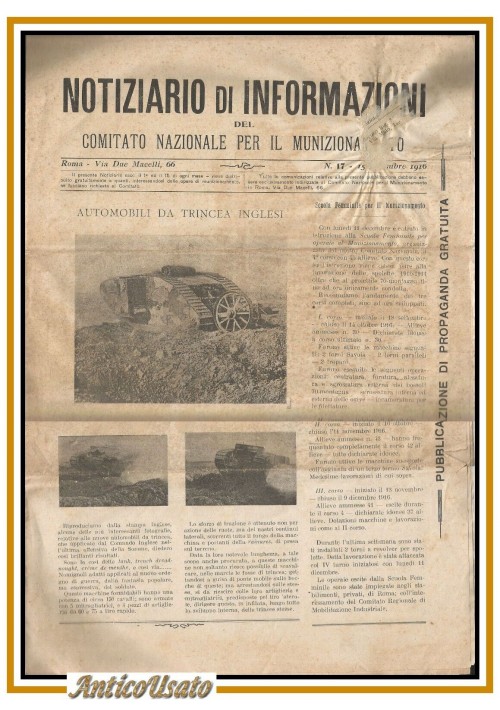 CARRI ARMATI giornale I guerra mondiale 1916 originale NOTIZIARIO tank vintage