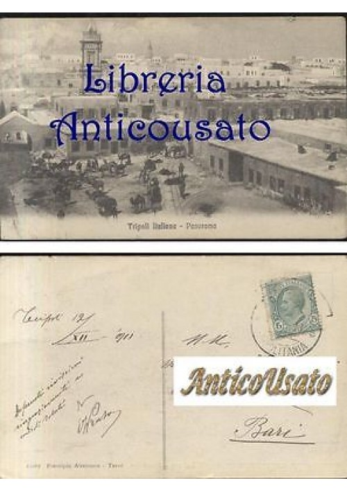 CARTOLINA TRIPOLI ITALIANA PANORAMA - viaggiata Libia originale 1911 animata