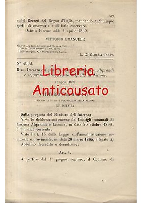 CASSINA ALIPRANDI SOPPRESSO - REGIO DECRETO - 1869 - LISSONE -originale d'epoca