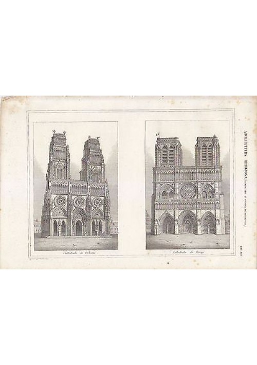 CATTEDRALE DI ORLEANS CATTEDRALE DI PARIGI  INCISIONE STAMPA RAME 1866 ORIGINALE