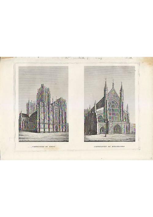 CATTEDRALE DI WELLS e WINCHESTER  INCISIONE STAMPA RAME 1866 TAVOLA ARCHITETTURA