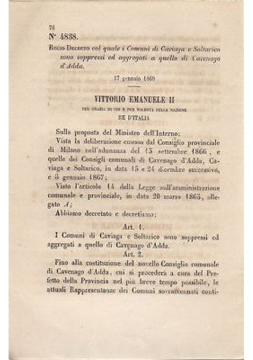 CAVIAGA SOLTARICO SOPPRESSI REGIO DECRETO 1869 CAVENAGO D'ADDA originale d'epoca