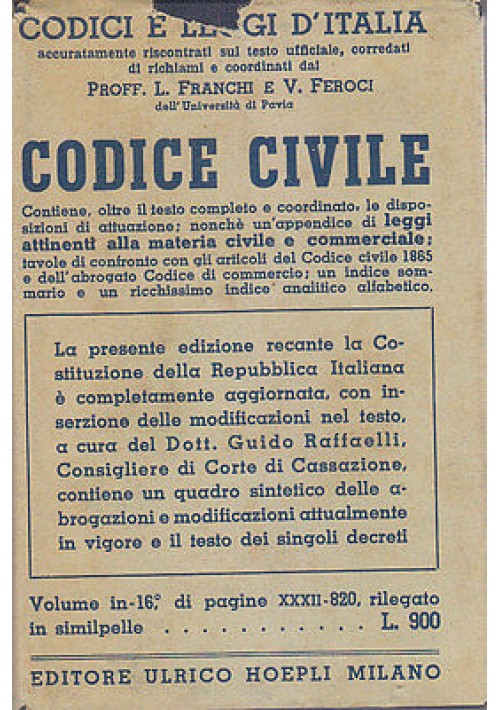 CODICE CIVILE a cura di Franchi Feroci - 1949 Hoepli manuali