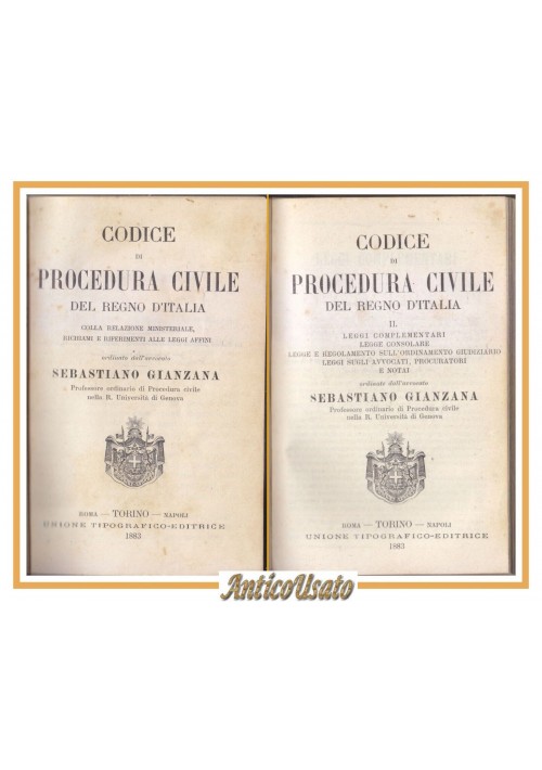 CODICE PROCEDURA CIVILE DEL REGNO D'ITALIA di Gianzana 1883 Libro Antico Diritto