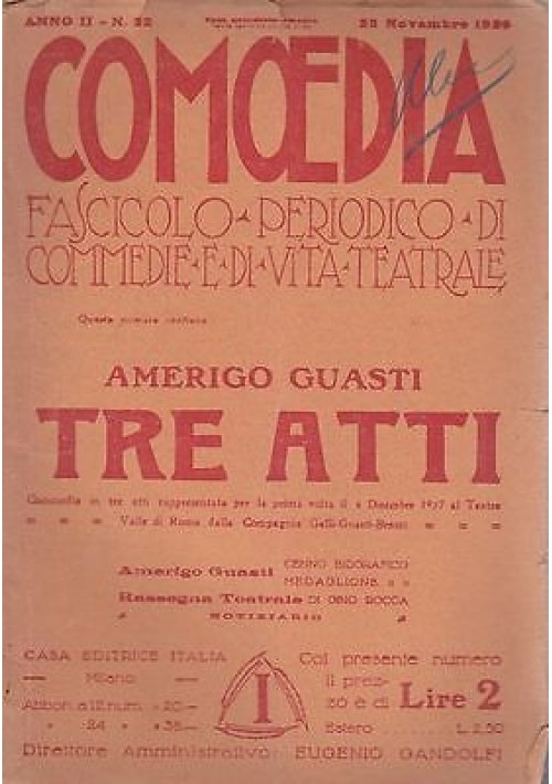 COMOEDIA rivista di teatro vintage 25 NOVEMBRE 1920 TRE ATTI di AMERIGO GUASTI