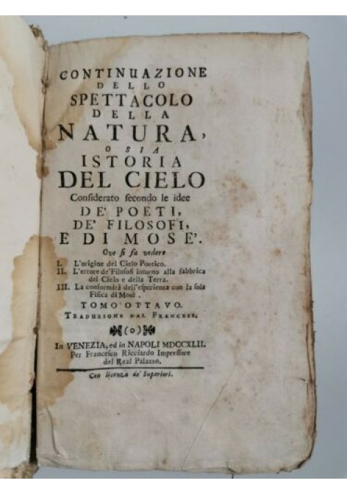 CONTINUAZIONE SPETTACOLO DELLA NATURA tomo VIII 1742 libro antico alchimia 