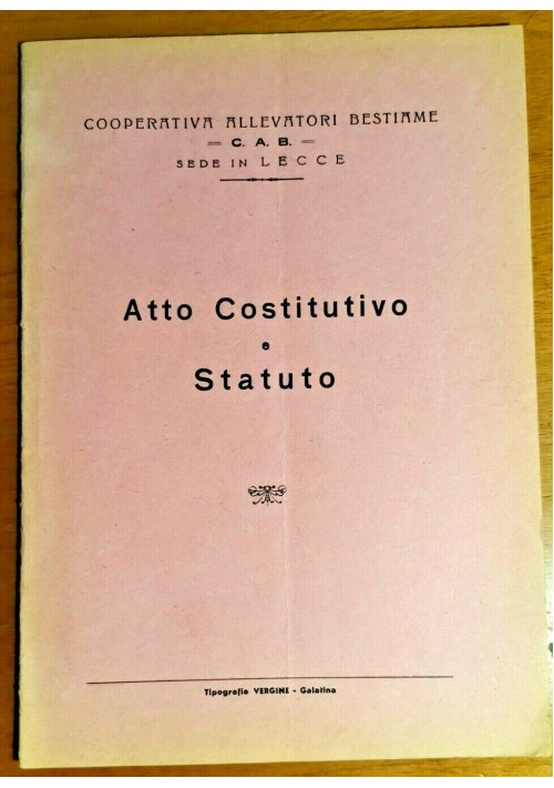 COOPERATIVA ALLEVATORI BESTIAME LECCE atto costitutivo e statuto 1959 CAB libro
