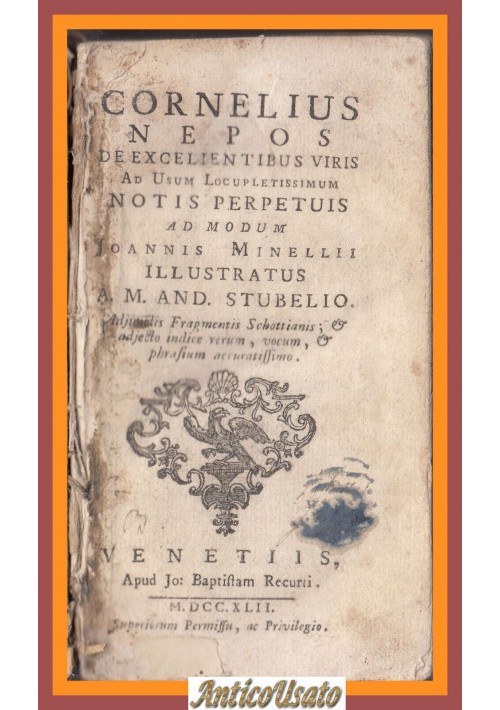 CORNELIUS NEPOS DE EXCELLENTIBUS VIRIS 1742 Recurti Libro antico Vite eccellenti