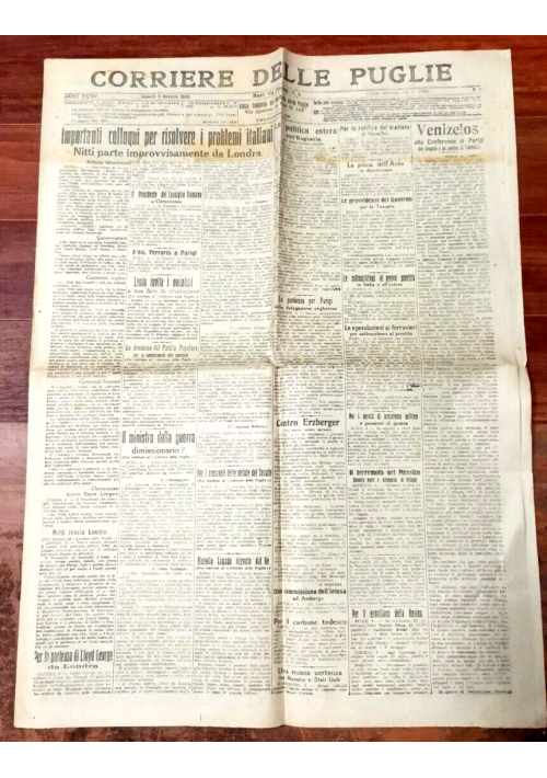 CORRIERE DELLE PUGLIE 9 gennaio 1920 Giornale quotidiano Gazzetta Bari Vintage