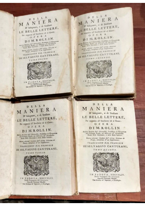 DELLA MANIERA DI INSEGNARE STUDIARE LE BELLE LETTERE Rollin 4 volumi 1744 antico