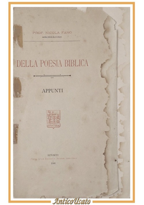 DELLA POESIA BIBLICA di Nicola Fano 1906 Nicola Garofalo Bitonto Libro antico