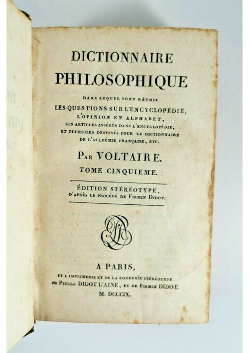 DICTIONNAIRE PHILOSOPHIQUE di Voltaire tomi 5 6 Cristianesimo 1809 libro antico