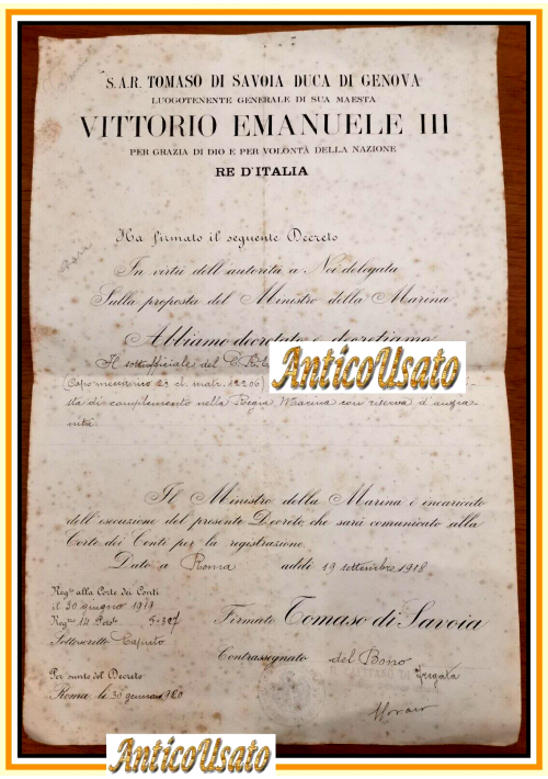 DIPLOMA DECRETO MILITARE MARINA ITALIANA promozione Tenente Macchinista 1918