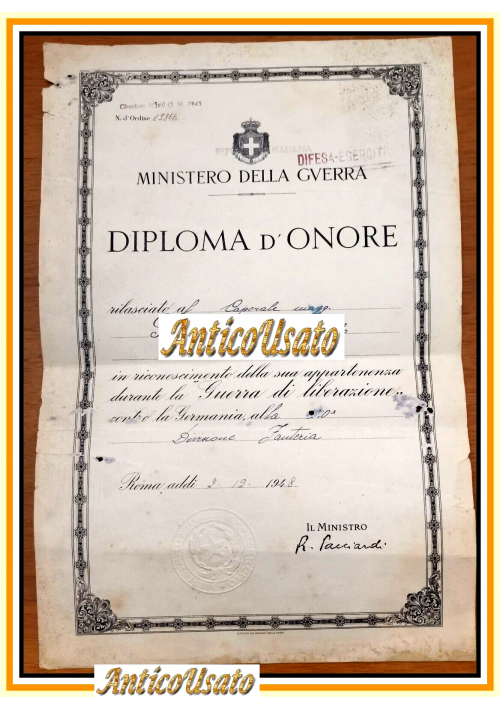 DIPLOMA D'ONORE GUERRA DI LIBERAZIONE contro la Germania 1948 Fanteria II WW