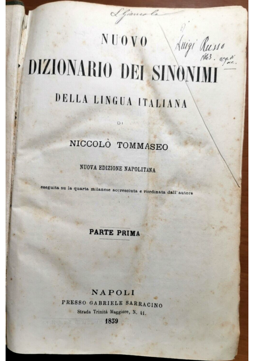 DIZIONARIO DEI SINONIMI DELLA LINGUA ITALIANA di Tommaseo 1859 Libro antico