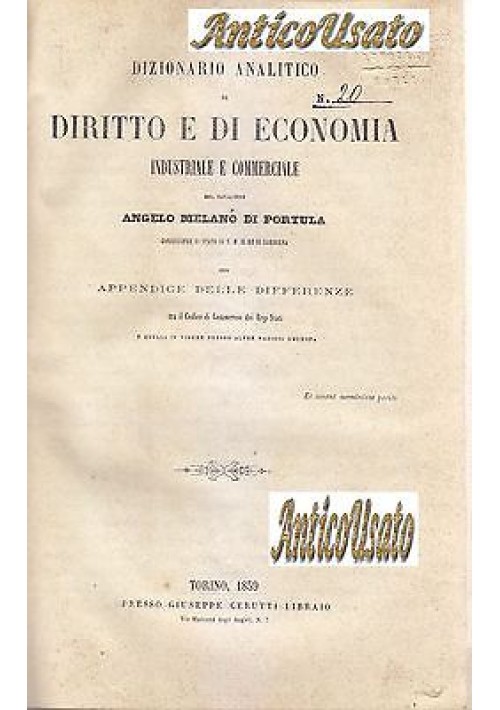 DIZIONARIO DIRITTO ECONOMIA INDUSTRIALE COMMERCIALE Melano Portula 1859 Cerutti