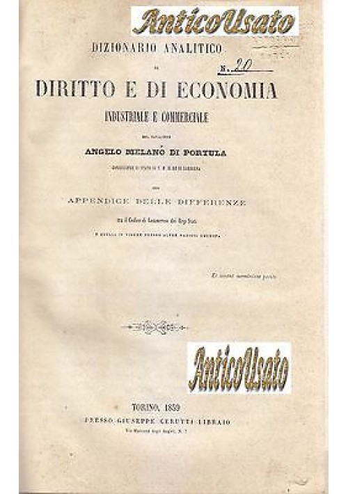 DIZIONARIO ANALITICO DIRITTO ECONOMIA INDUSTRIALE COMMERCIALE Melano Portula 1859 Cerutti libro antico