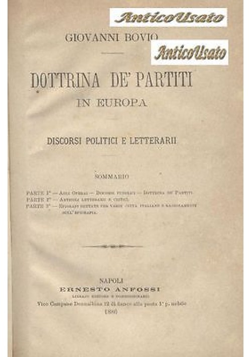 DOTTRINA DE PARTITI IN EUROPA DI GIOVANNI BOVIO 1886 Anfossi discorsi politici