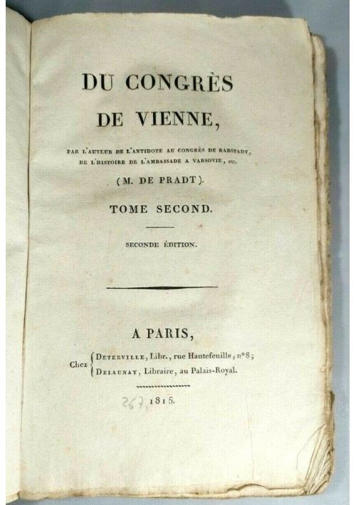 DU CONGRES DE VIENNE tome II di M De Pradt 1815 Deterville Delaunay libro antico