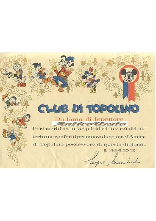 Diploma Di Ispettore Club Di Topolino Disney Anni '60? Originale Walt