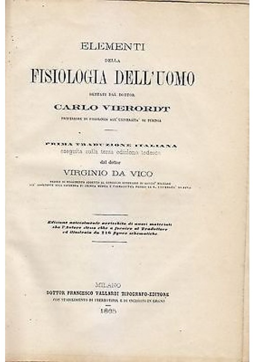 ELEMENTI DELLA FISIOLOGIA DELL UOMO di Carlo Vierordt 1865 Milano Vallardi