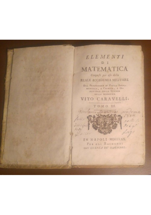 ELEMENTI DI ALGEBRA Vito Caravelli 1786 Raimondi vol.3 elementi di matematica