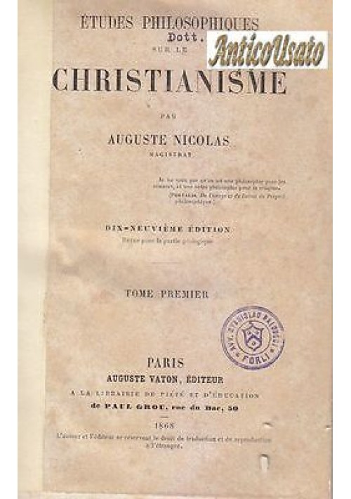 Etudes Philosophiques Sur Le Christianisme di  Nicolas 4 voll 1868 libro antico
