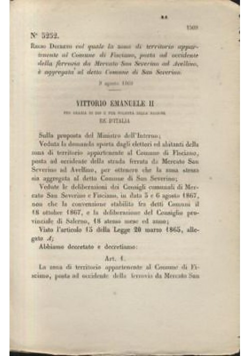 FISCIANO  REGIO DECRETO 1869 MERCATO SAN SEVERINO AD AVELLINO - originale antico