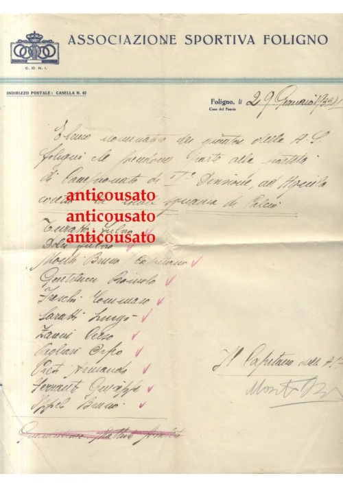 FOLIGNO calcio lettera intestata 1933 Autografo Bruno Monti partita 