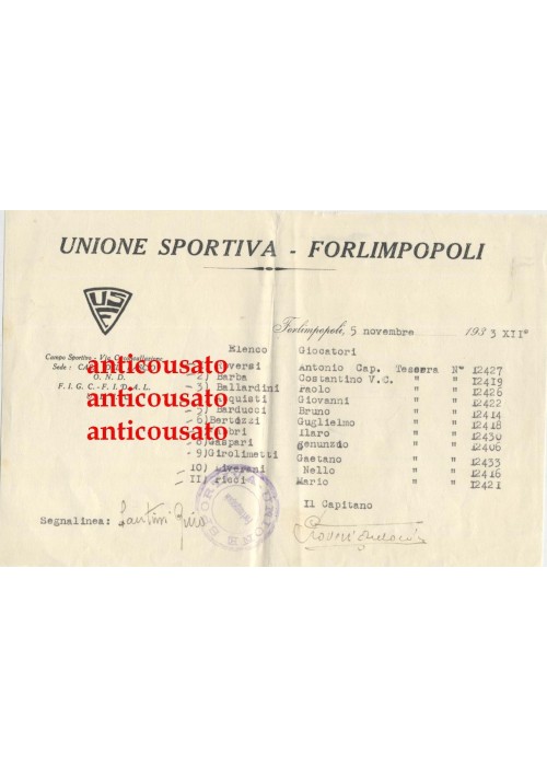 FORLIMPOPOLI calcio lettera intestata 1933 Autografo Antonio Roversi