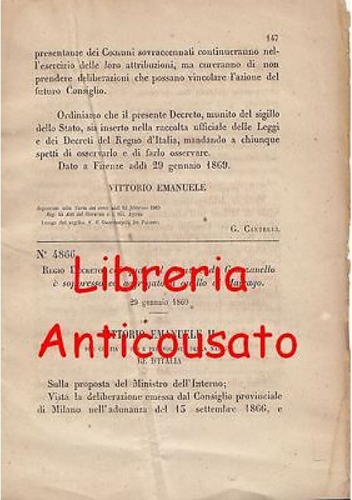 GRAZZANELLO SOPPRESSO - REGIO DECRETO 1869 - AGGREGATO A MAIRAGO originale epoca